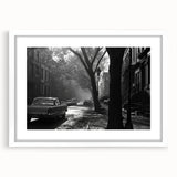 Abstract art print of New York City in muted gray tones on a framed poster, ideal for modern dining room decor.