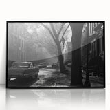 Large abstract wall art depicting the Brooklyn skyline in muted gray and blue tones, framed acrylic.