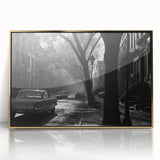 Large art print of the Brooklyn Bridge in muted gold and gray tones on a framed acrylic, suitable for modern art wall decor.