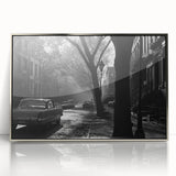 Mid-century modernist art depicting the Brooklyn Bridge in muted silver and gray tones on a framed acrylic print.