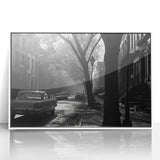 Acrylic print of Brooklyn Bridge with muted gray and blue tones in an art deco style, ideal for modern art wall decor.