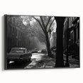 Black and white framed canvas of Brooklyn Bridge landscape, ideal for bedroom wall decor.