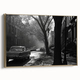 Framed canvas featuring a vintage-style Brooklyn landscape in black and gold tones, ideal for bedroom wall art.
