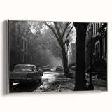 Framed canvas of a vintage-style Brooklyn landscape painting with colorful and black elements, ideal for living room decor.