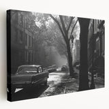 Large art depicting the Brooklyn Bridge in muted gray and blue tones on stretched canvas, suitable for kitchen wall decor.