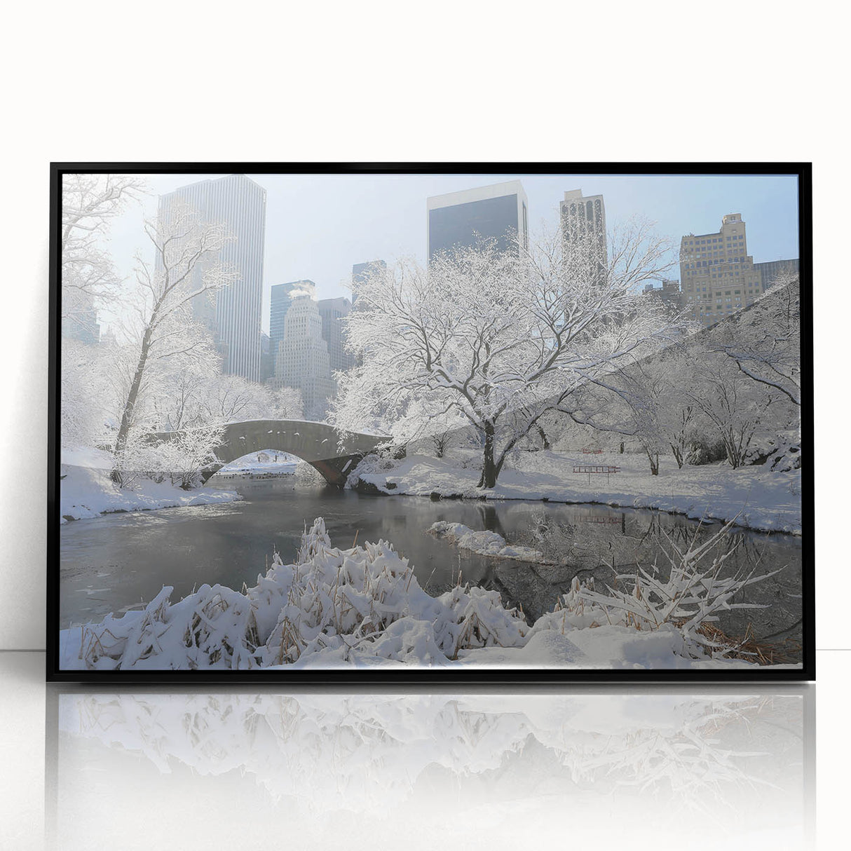 Framed acrylic print of a large abstract depiction of Central Park with muted green and blue tones.