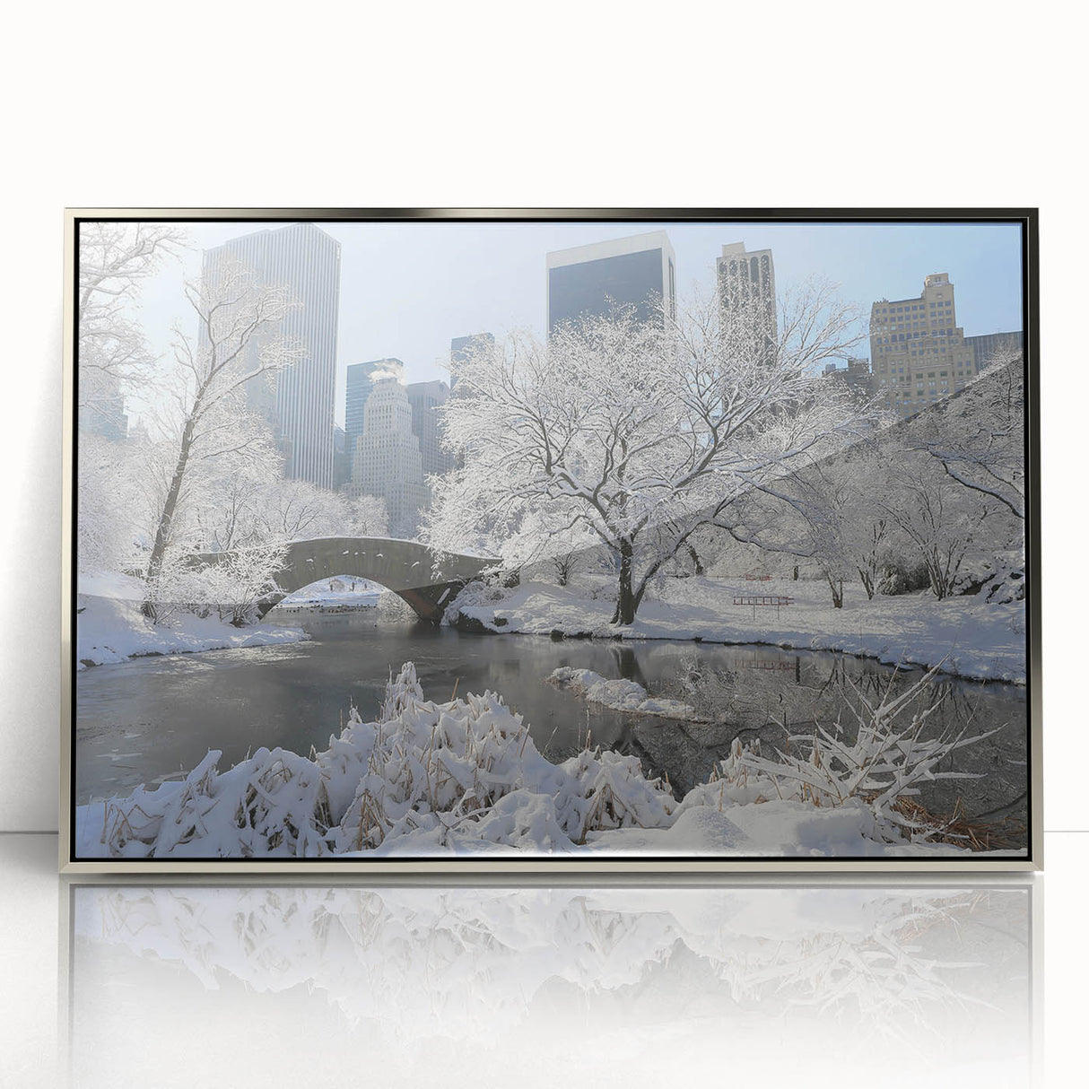 Mid-century modernist art depicting Central Park with autumn colors on a silver-framed acrylic print.