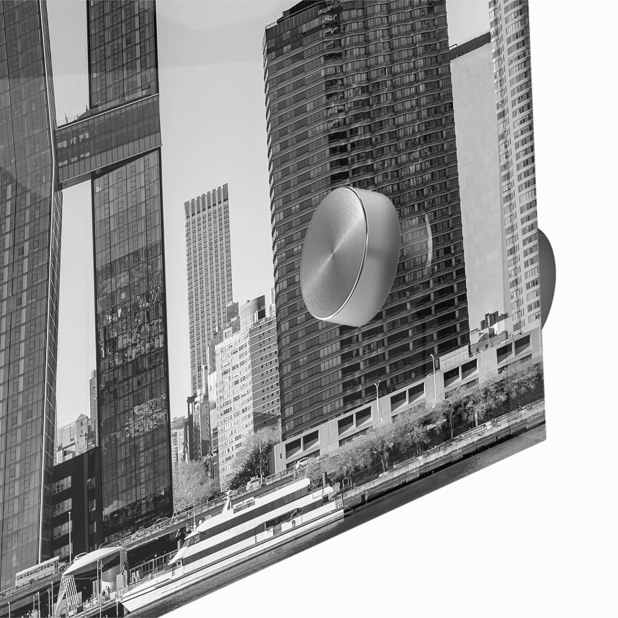 Mid-century modernist art of the Chrysler Building in muted gray tones on acrylic glass, suitable for dining room art.