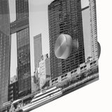 Mid-century modernist art of the Chrysler Building in muted gray tones on acrylic glass, suitable for dining room art.