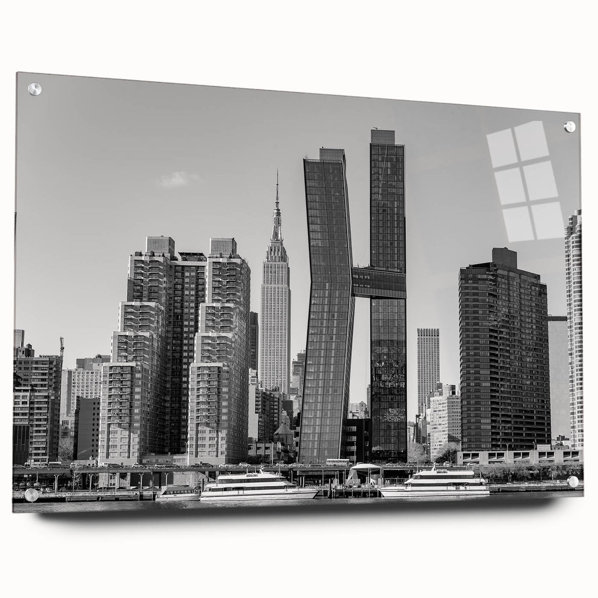 Acrylic print of the Chrysler Building in monochrome shades, suited for modern bedroom or dining room decor.