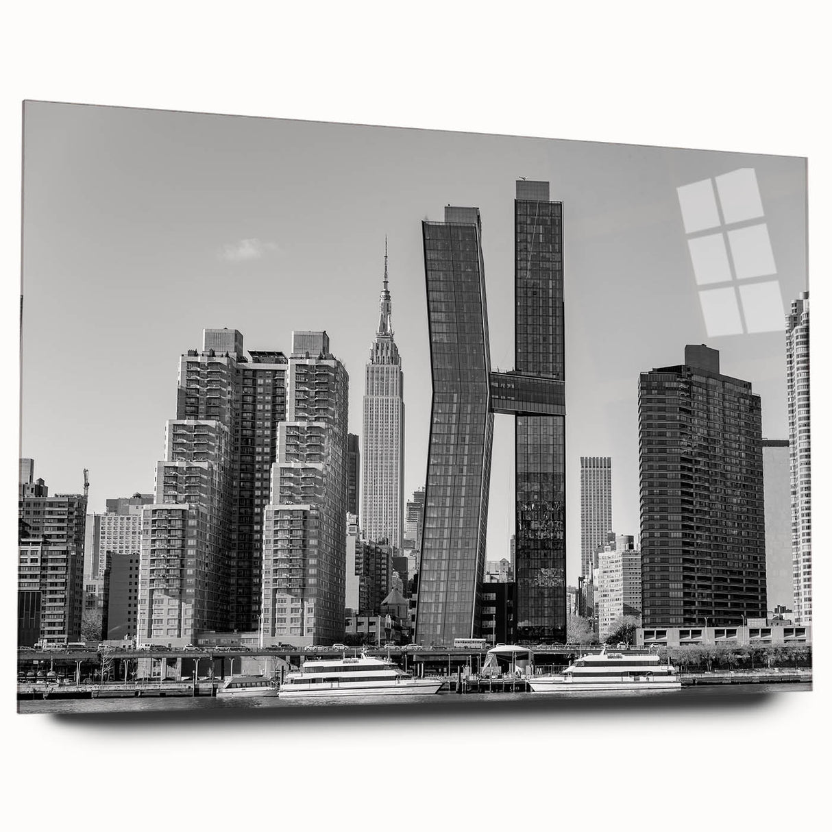 Acrylic print of the Chrysler Building in muted metallic tones, ideal for modern bedroom or dining room decor.