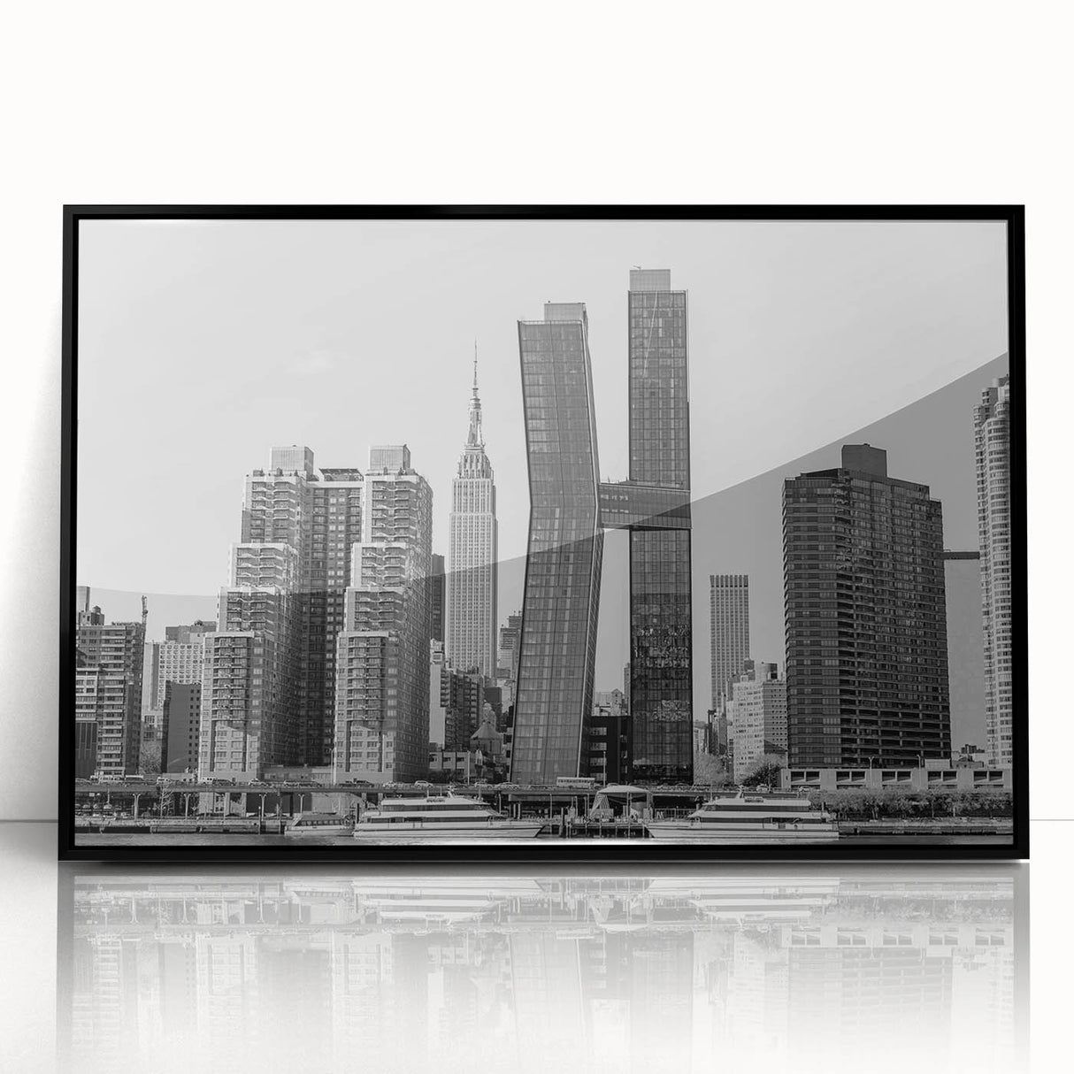 Large abstract wall art featuring the Chrysler Building in muted gray tones on a framed acrylic.