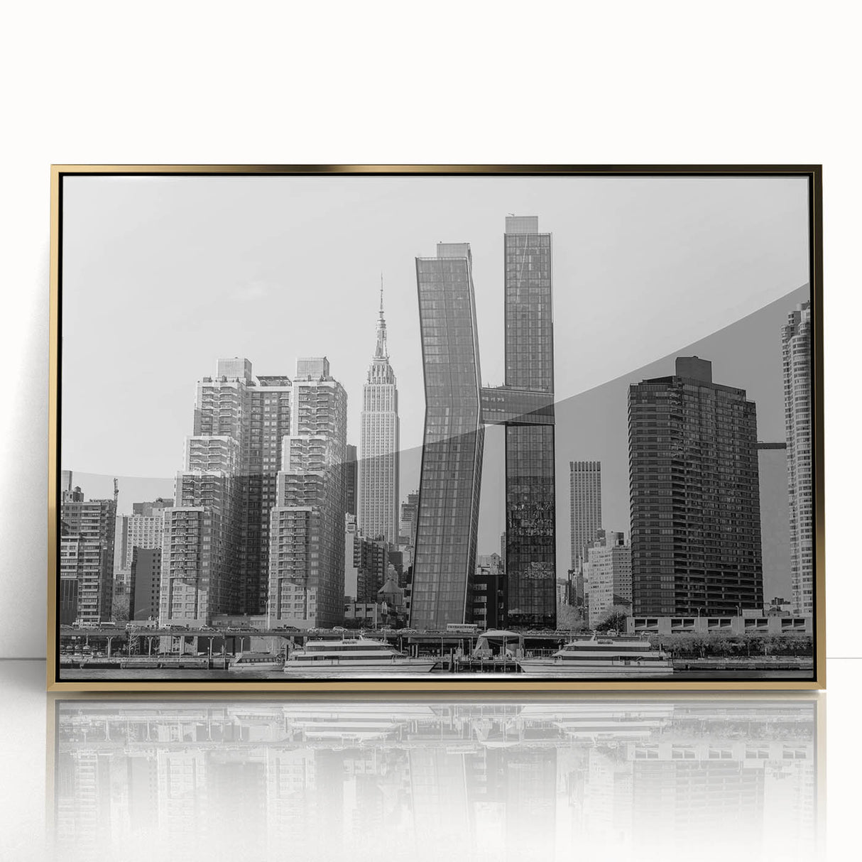 Acrylic print of the Chrysler Building in gold and black tones, framed, showcasing mid-century modernist style.
