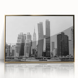 Acrylic print of the Chrysler Building in gold and black tones, framed, showcasing mid-century modernist style.