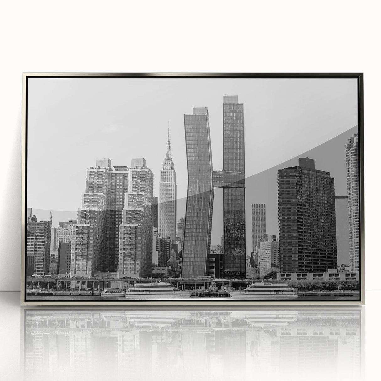 Mid-century modernist art of the Chrysler Building in silver tones, acrylic print, suitable for modern art wall decor.