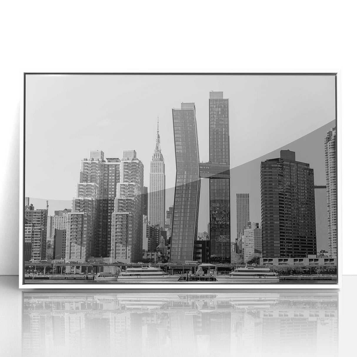 Art Deco style poster of the Chrysler Building in muted silver and gray tones, acrylic framed.