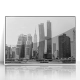 Art Deco style poster of the Chrysler Building in muted silver and gray tones, acrylic framed.