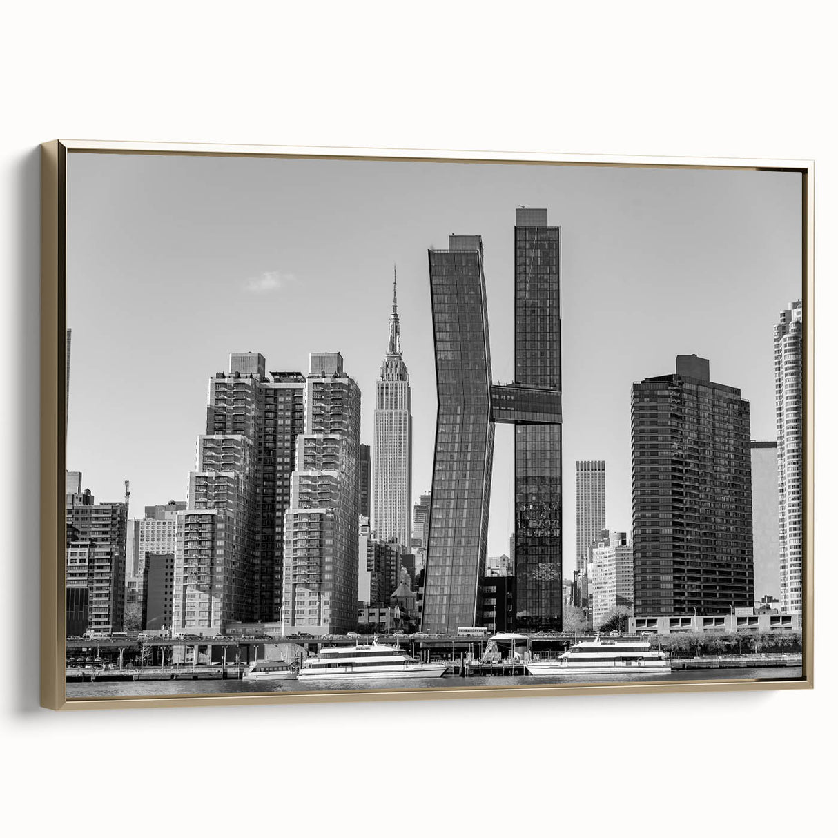 Framed canvas of the Chrysler Building in gold and black tones, vintage poster style, suitable for bedroom wall art.