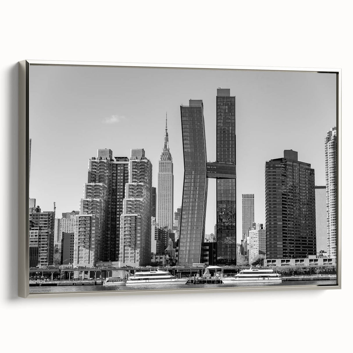 Landscape art painting of the Chrysler Building in silver and black tones on a framed canvas, ideal for office decor.