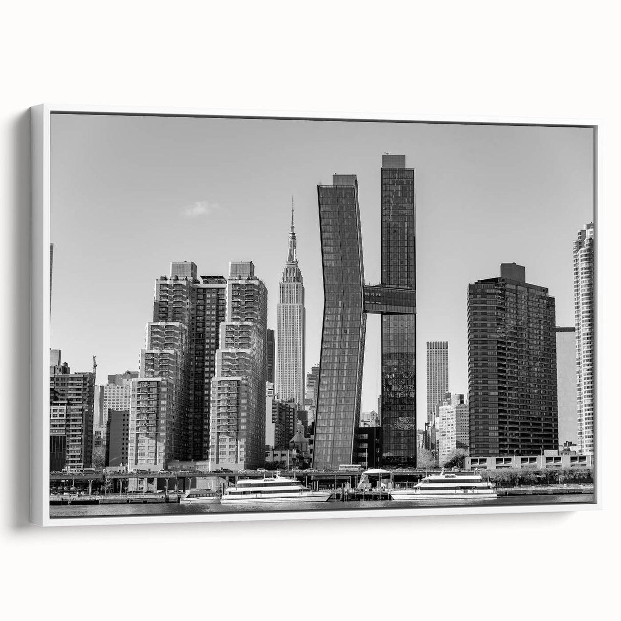 Vintage poster art of the Chrysler Building in monochrome with vibrant color accents, framed canvas.