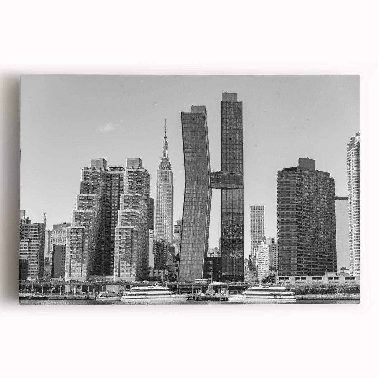 Black and white print of the Chrysler Building on stretched canvas, suitable as large kitchen wall art.