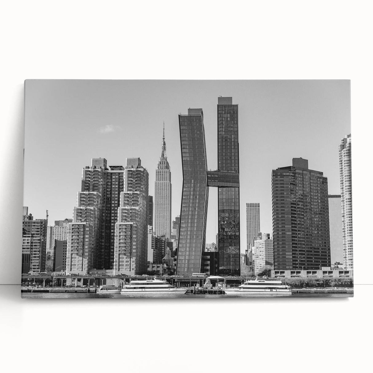 Black and white print of the Chrysler Building on stretched canvas, suitable as kitchen wall art or for bedroom ambiance.