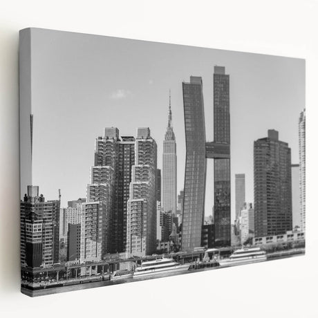 Side view of a large art print featuring the Chrysler Building in monochrome tones on stretched canvas.