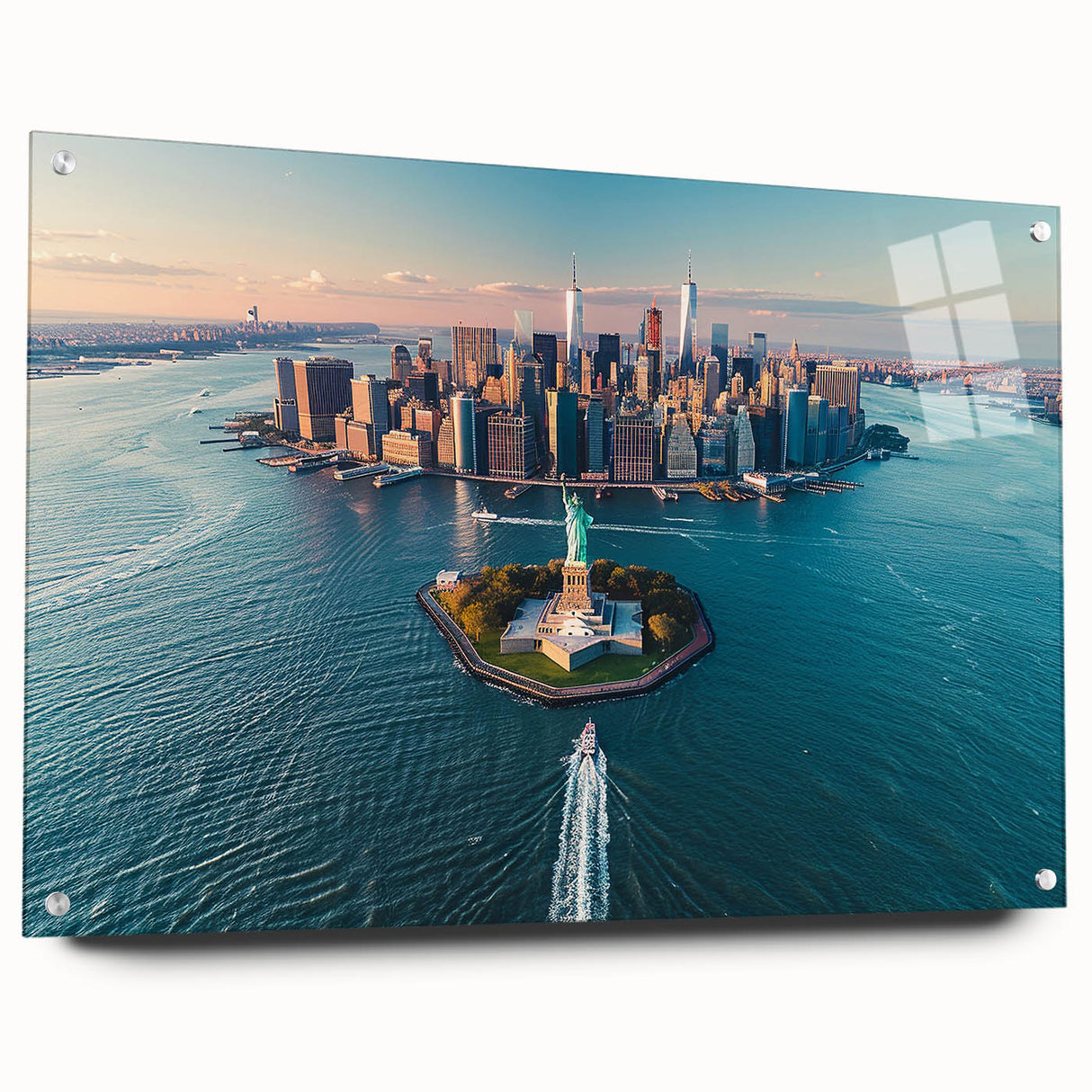 Acrylic print of Ellis Island with muted green and blue tones, suited for bedroom or dining room decor.