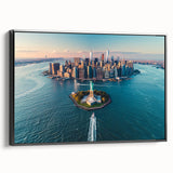 Black and white framed canvas of Ellis Island, featuring vintage poster art style, ideal for bedroom wall decor.
