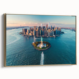 Framed canvas of Ellis Island vintage poster art in black and gold, ideal for bedroom wall decor.
