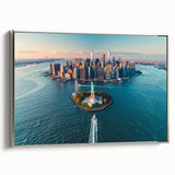 Framed canvas of Ellis Island with colorful skyline, ideal for vintage-themed living room decor.