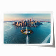 Extra large wall art featuring a detailed illustration of Ellis Island, rendered in muted earth tones on a rolled canvas.