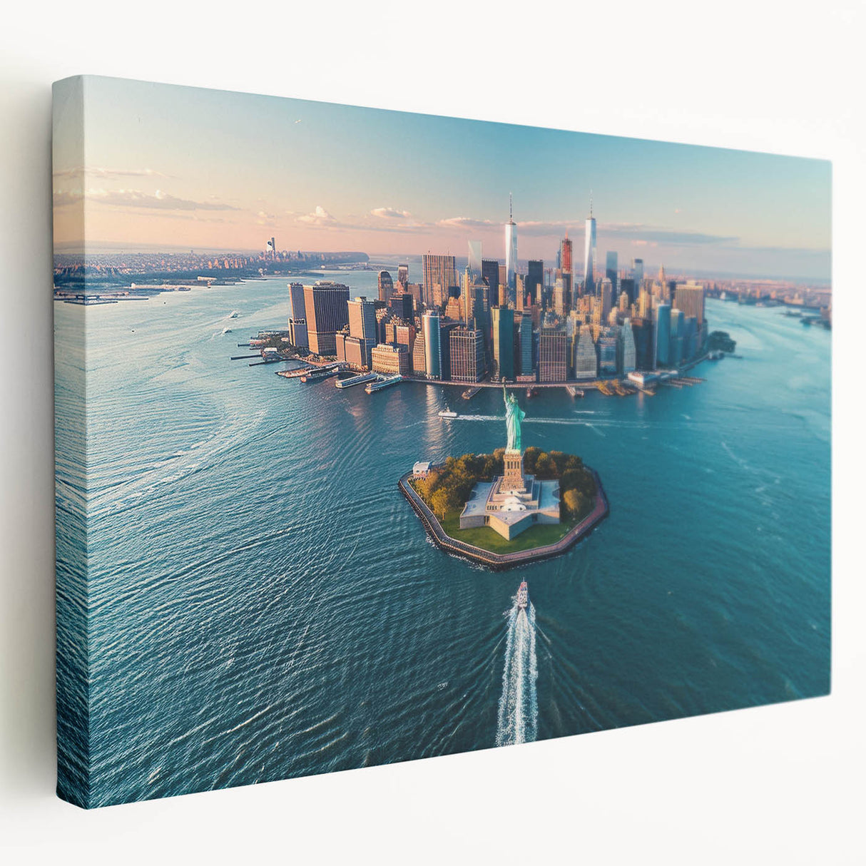 Large stretched canvas depicting Ellis Island with muted blue and green tones, suitable for kitchen wall art.