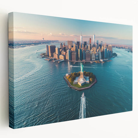 Large stretched canvas depicting Ellis Island with muted blue and green tones, suitable for kitchen wall art.
