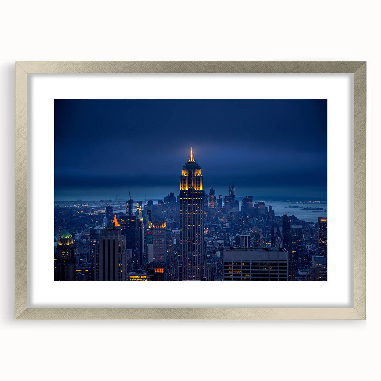 Textured abstract art print of NYC skyline in muted gray tones on a silver-framed canvas, ideal for bedroom art.