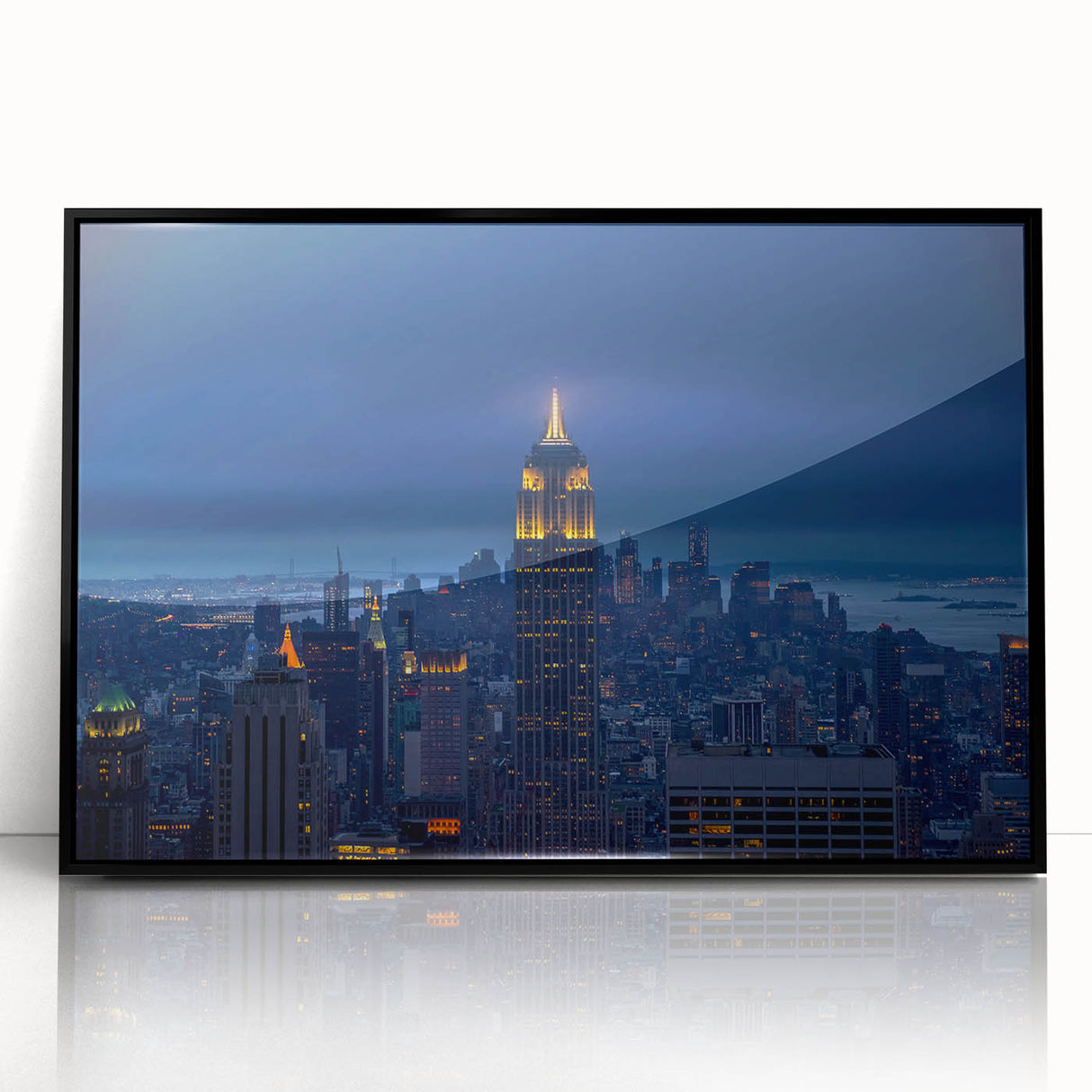 Large abstract wall art depicting the Empire State Building in muted gray tones on a framed acrylic.
