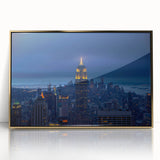 Large art print of NYC Empire State Building in gold and black, acrylic framed, mid-century modernist style.