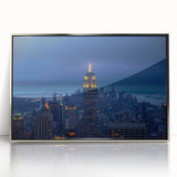 Mid-century modernist art of NYC Empire State Building in silver framed acrylic, ideal for modern art wall decor.