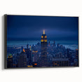 Black and white vintage poster art of the NYC Empire State Building on framed canvas, ideal for bedroom wall decor.