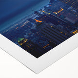 Art deco poster of the NYC skyline in monochrome tones on rolled canvas, suitable for dining room decor.