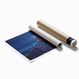 Rolled print of New York City skyline with Empire State Building in muted gray tones, ideal for classy bathroom wall art.