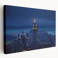 Large art print of the New York City skyline in muted gray and blue tones on stretched canvas, ideal for kitchen wall art.