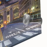 Mid-century modernist acrylic print of abstract NYC Grand Central scene in muted gray, ideal for dining room art.