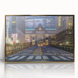 Large art print of New York's Grand Central Station in mid-century modernist style with gold frame.
