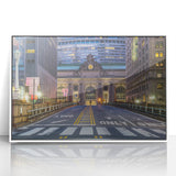 Art deco poster of NYC's Grand Central in black and white tones, acrylic print framed in white.