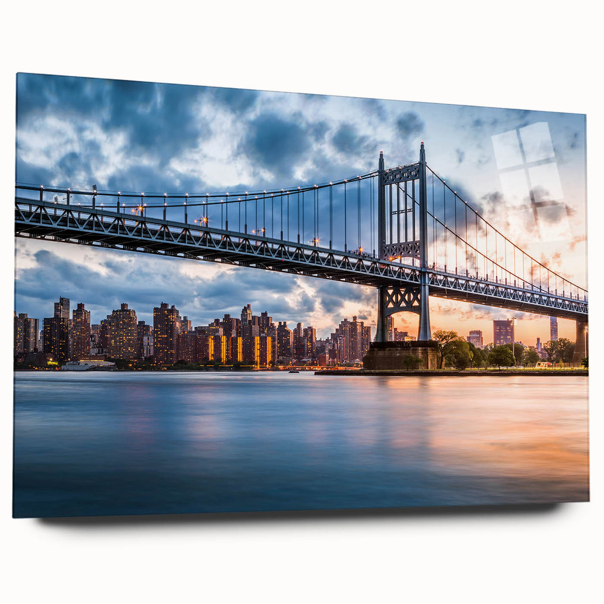 Acrylic print of the Manhattan Bridge in muted gray and blue tones, suited for bedroom or dining room art.
