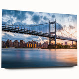 Acrylic print of the Manhattan Bridge in muted gray and blue tones, suited for bedroom or dining room art.