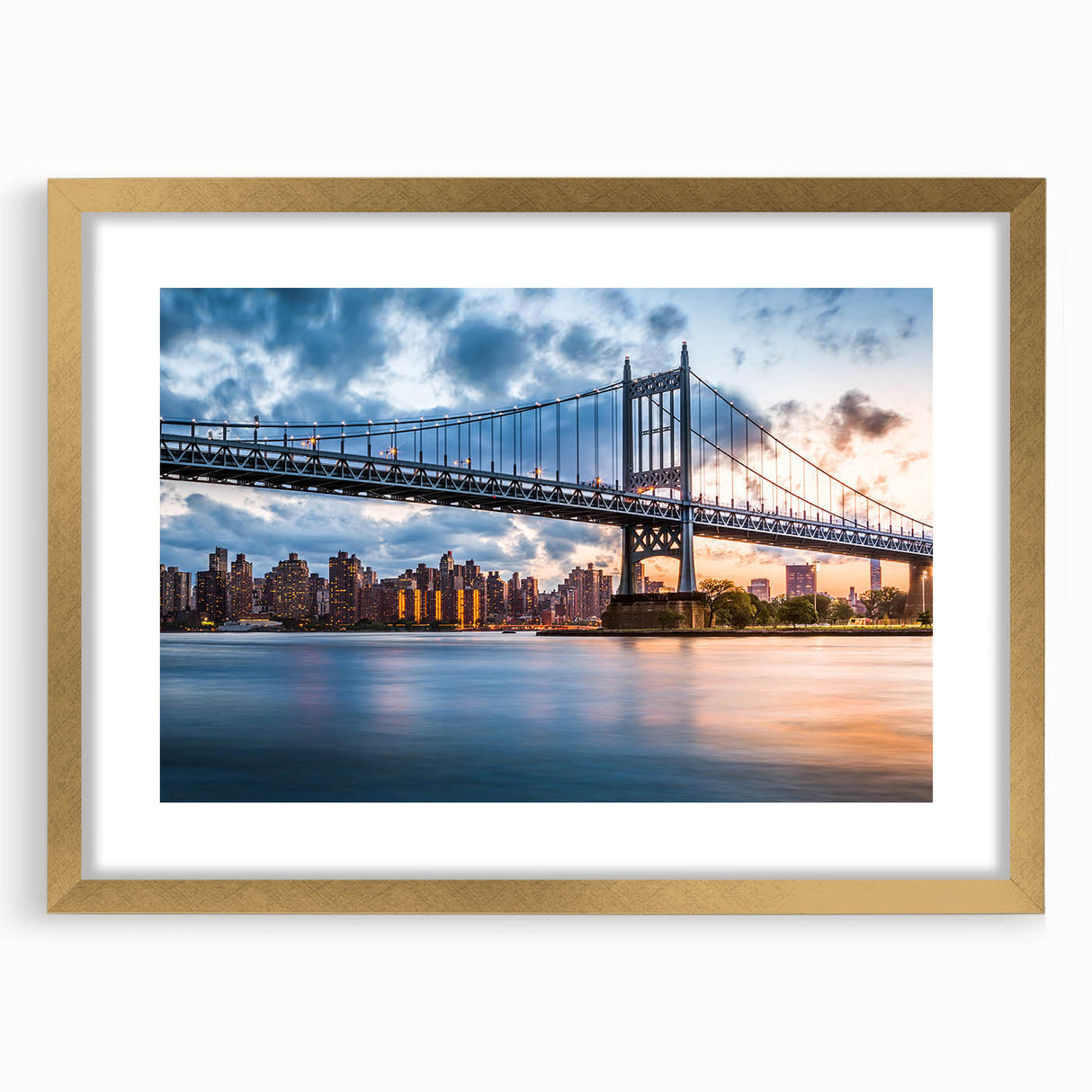 Extra large wall art of the Manhattan Bridge in textured gray and blue tones, framed in gold, ideal for living room decor.