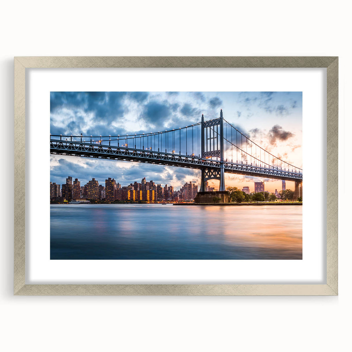 Textured art print of Manhattan Bridge in abstract style with muted blue and gray tones on a framed silver canvas.