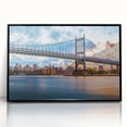 Large abstract wall art of the Manhattan Bridge in muted gray and blue tones on a framed acrylic.